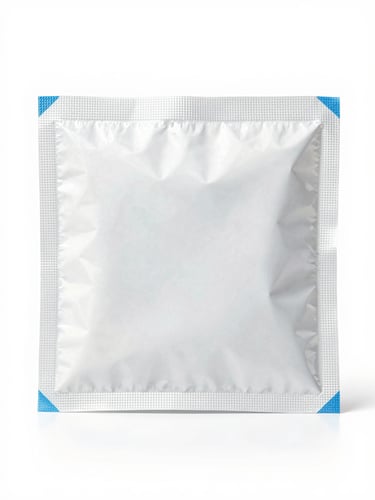 Pristine unopened medical packaging of aesthetic supplies on a sterile white background, high-key clinical studio lighting, sharp focus