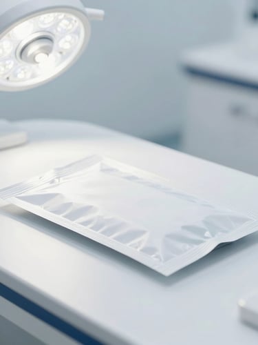 Pristine, unopened medical packaging on a sterile white clinic table, bright high-key clinical light, sharp focus, professional medical aesthetic