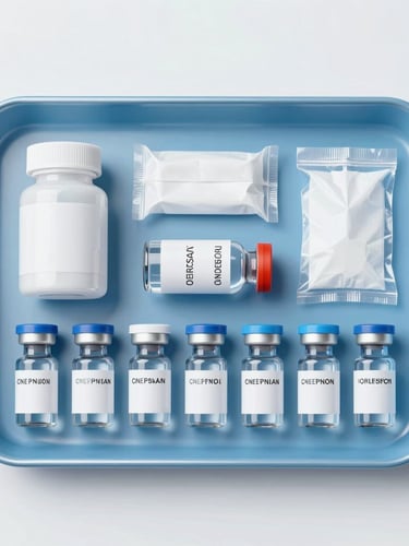 Crisp overhead flatlay of medical consumables and sterile vials arranged neatly on a clinical blue metal tray, bright high-key lighting.