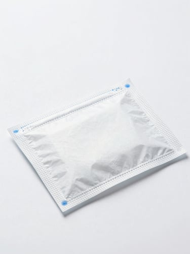 Clean clinical photography of pristine, unopened medical packaging on a sterile white surface under bright high-key studio lighting, sharp focus.
