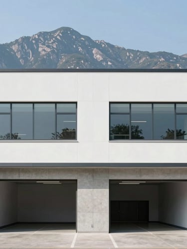 Symmetrical eye-level architectural shot of a modern commercial property exterior with clean lines, concrete loading bays, and large windows under crisp mountain daylight, 35mm lens.