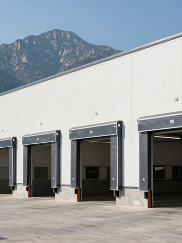 Crisp architectural photography of a commercial warehouse exterior with high-clearance loading bays, clean concrete floors, bright natural mountain daylight, 35mm lens.