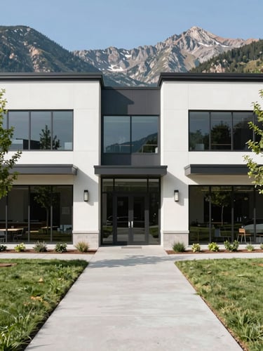 Symmetrical straight-on architectural shot of a modern commercial property exterior in Mountain Green, bright natural mountain daylight, clean concrete pathways, 35mm lens
