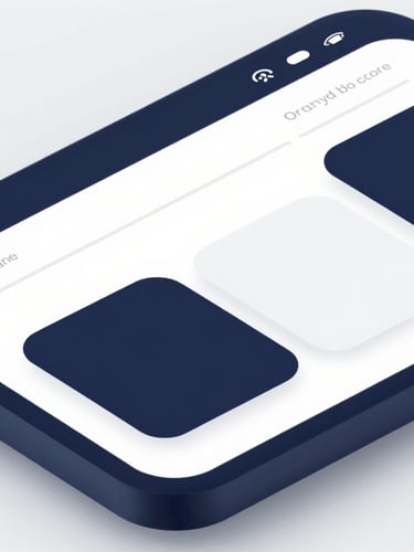 Sleek isometric device mockup showcasing clean web interfaces with deep navy and cool white tones, macro depth of field
