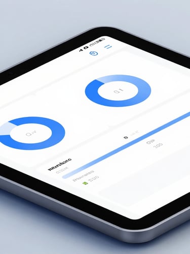 Macro isometric shot of a sleek dark tablet displaying a clean web analytics dashboard, crisp studio lighting with cool blue undertones, sharp clean shadows.
