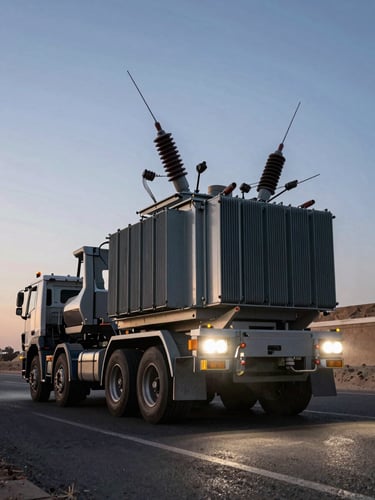 Low-angle dramatic industrial photography of a multi-axle heavy transport rig carrying a massive electrical transformer on an Egyptian highway at dusk, headlights active, high contrast.