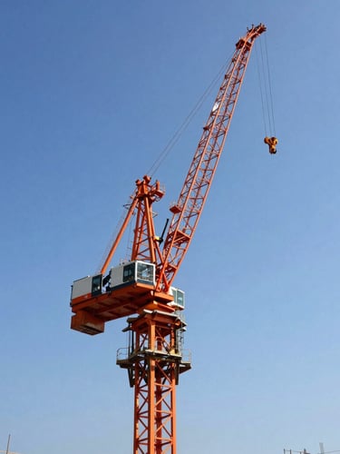 Low-angle dramatic industrial photography of a massive orange crawler crane on an active construction site, harsh direct sunlight, high contrast, sharp focus