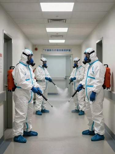 Wide shot of a sanitization crew in full PPE — respirators, Tyvek suits — working inside a clinical corridor, fogging equipment visible, institutional ceiling lights overhead, hospital nameplate on wall in background