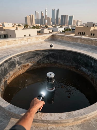 Overhead wide shot looking down into an open rooftop water tank being inspected, technician's arm and flashlight visible from the edge, sediment-lined interior visible, Riyadh rooftop skyline in background under bright daylight