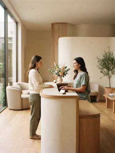 Serene, modern medical clinic interior with soft natural light, warm ivory walls, and clean architectural lines, elegant and quiet, 35mm photography