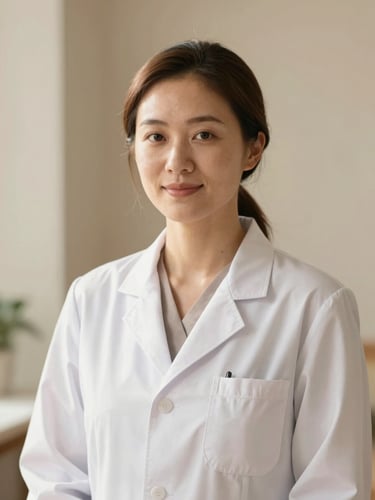 Professional and warm portrait of a medical specialist in natural light, soft beige background, elegant composition, shallow depth of field, 35mm