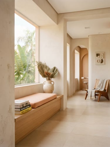 A warm, natural light photograph of a sophisticated, minimalist clinic interior in Brazil, soft ivory and peach tones, architectural lines, 35mm.