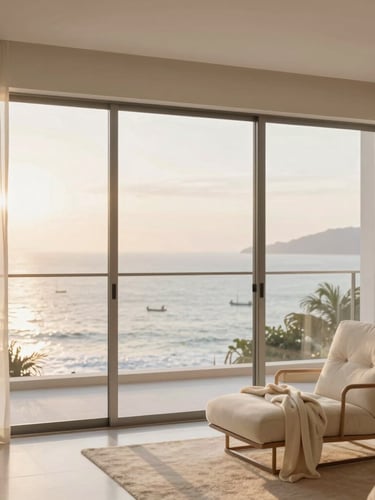 A bright, minimalist luxury apartment interior in Balneário Camboriú, large floor-to-ceiling windows showing a soft-focus ocean view at sunrise, warm ivory and beige textiles, a comfortable lounge chair with a soft throw blanket.