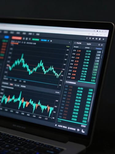 Sleek tech photography, low-key cool studio lighting, deep obsidian tones, sharp macro focus on a high-fidelity trading dashboard showing order flow charts, 35mm