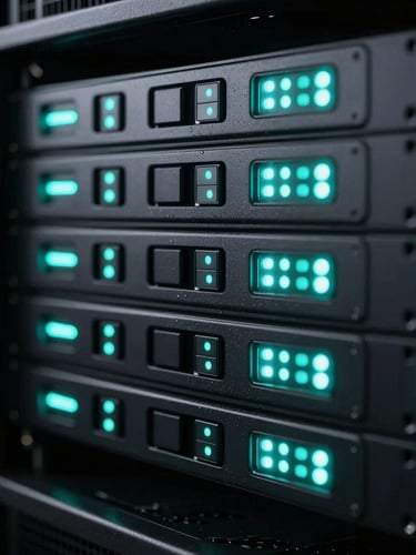 Sleek high-tech server rack with glowing neon teal indicators, low-key cool studio lighting, sharp macro focus, 35mm