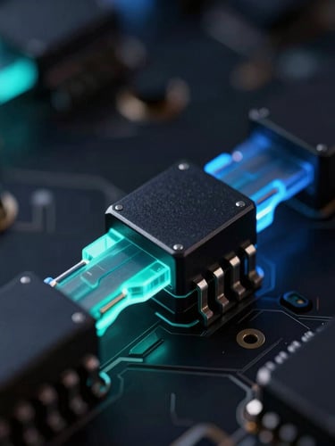 Macro close-up of high-end hardware nodes with glowing blue and teal connections, low-key dramatic studio lighting, sharp 35mm focus