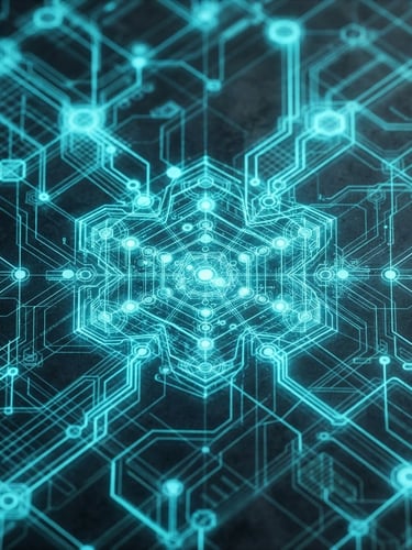 High-contrast tactical wireframe schematic, neon cyan glow, macro view of data nodes, dark background, orthographic projection.