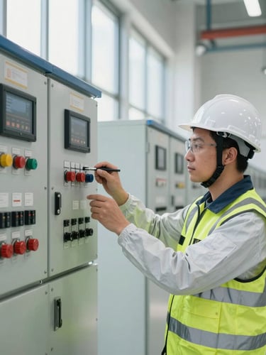 A professional electrical inspector in clean high-visibility PPE examining a control panel inside a modern power plant, bright natural daylight from side windows, clean technical details, 35mm lens