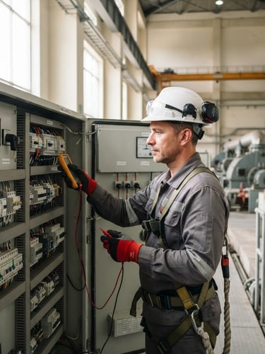 Teknisi listrik profesional dalam APD lengkap sedang memeriksa panel kontrol di pembangkit listrik, pencahayaan alami terang, detail teknis jelas.