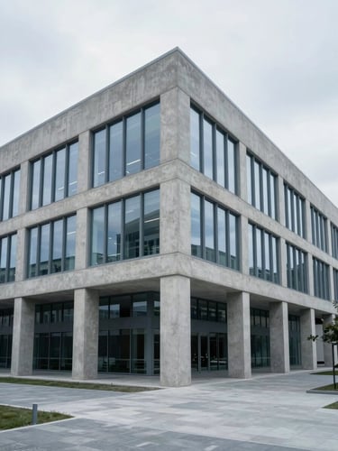 Wide environmental shot of a modern concrete corporate office with clean lines, soft overcast daylight, cool blue and gray tones, 35mm