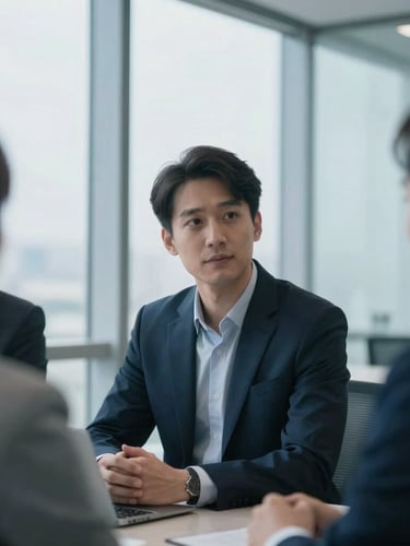 A close-up portrait of a professional corporate meeting in a modern architectural office, soft overcast daylight filtering through large windows, cool blue and gray tones, 35mm.