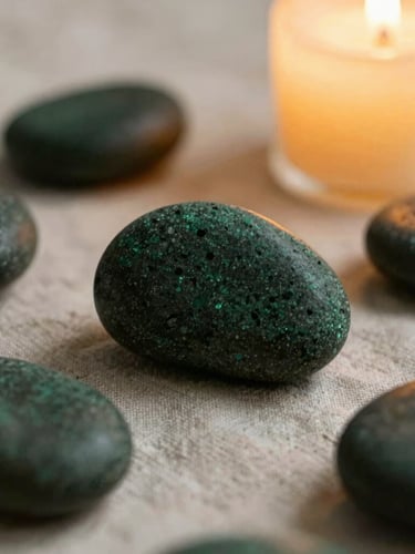 Macro shot of warm basalt stones resting on soft linen, diffused golden candlelight, deep forest green shadows, 35mm