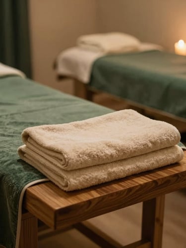 Wide shot of a serene, empty spa treatment room with dim warm lighting, folded soft towels on a wooden table, forest green accents, 35mm editorial photography