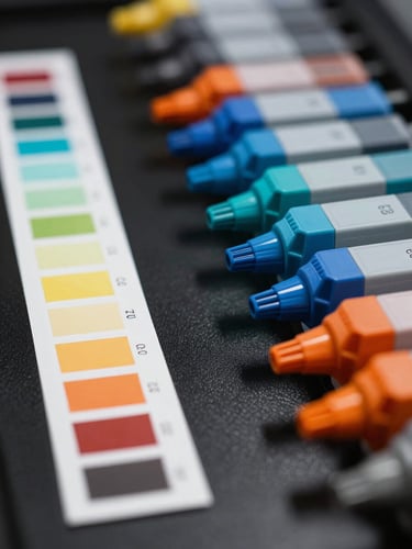 Extreme close-up from the left, a professional color-matching station under cool studio strobes — a printed color swatch strip resting on a matte black surface, ink cartridges in precise alignment to the right edge, tight depth of field isolating the vivid cyan and orange ink nozzle heads against deep shadow