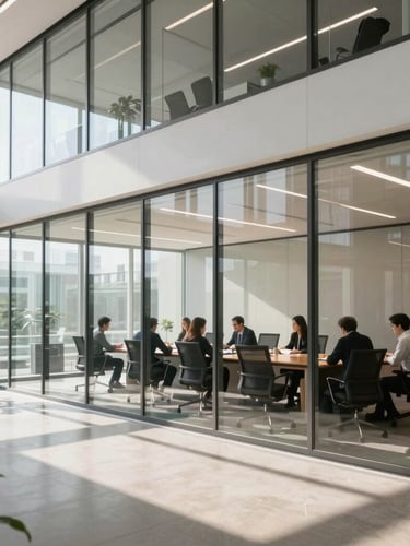 Wide environmental shot of a modern architectural corporate office with clean daylight, focused professionals working in a glass-walled conference room in the background, soft shadows.