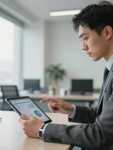 A focused professional reviewing executive metrics on a tablet in a bright, modern corporate office with clean daylight