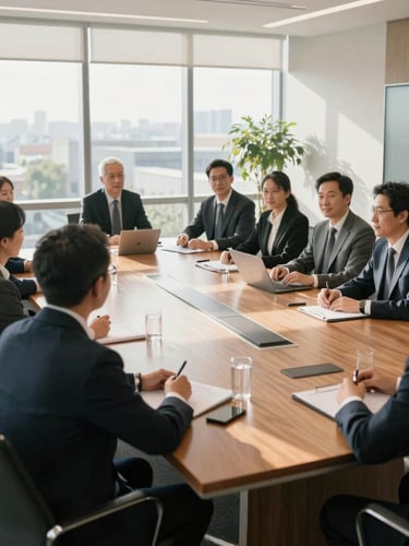 A wide-angle, bright corporate boardroom with natural sunlight streaming through large windows, professionals engaged in an active strategy session around a wooden table, soft shadows, premium editorial feel