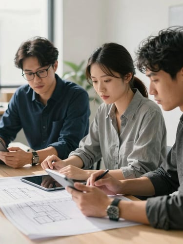 Medium shot of focused professionals in a modern collaborative workspace, natural daylight, soft shadows, working with tablets and blueprints.