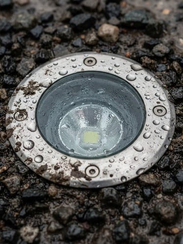 Close-up of an IP67-rated LED recessed floor light installed in a muddy, gravel driveway under overcast daylight, highlighting its stainless steel cover and tempered glass, with water droplets visible.