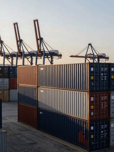 Wide-angle shot of a European shipping container port at dawn, hard directional light, stacks of containers, industrial cranes, focus on scale and efficiency.