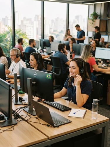 Professional Brazilian support team in a modern call center, warm daylight, high-trust commercial aesthetic, 35mm lens