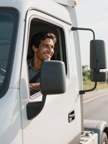 A happy Brazilian truck driver inside his cabin, smiling, looking at the road ahead, bright natural morning light, high-trust commercial photography