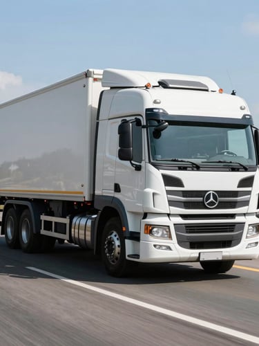 Modern heavy truck driving on a clean Brazilian highway under bright daylight, dynamic angle, high-trust editorial photography