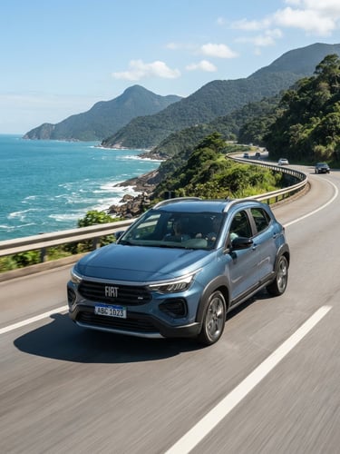 Modern editorial photography of a clean Brazilian SUV driving on a safe coastal highway during bright daylight, high-trust commercial aesthetic