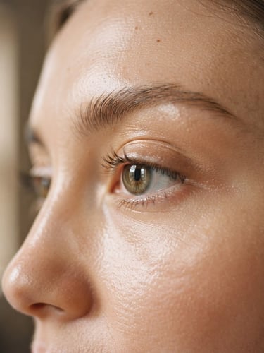 Close-up of healthy, luminous skin around the eye area, soft diffused morning window light, warm taupe tones, shallow depth of field, elegant and understated, portrait aspect ratio.