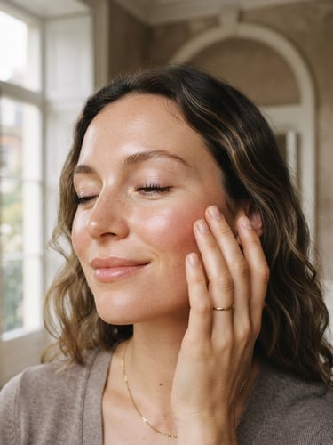 Close-up of a serene woman's face, healthy luminous skin, soft diffused morning window light, warm taupe tones, shallow depth of field, gentle hands-on-skin contact on her cheek, elegant architectural details in the background.