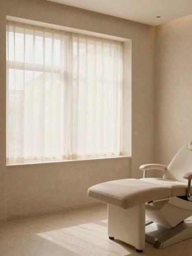 Elegant interior of a medical aesthetics clinic, serene treatment room with soft travertine textures, muted champagne and warm taupe tones, diffused window light, empty treatment chair to the right, wide-angle crop.
