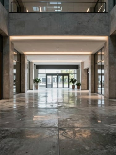 Crisp portrait view of a newly completed commercial lobby with pristine polished concrete floors reflecting overhead architectural lighting