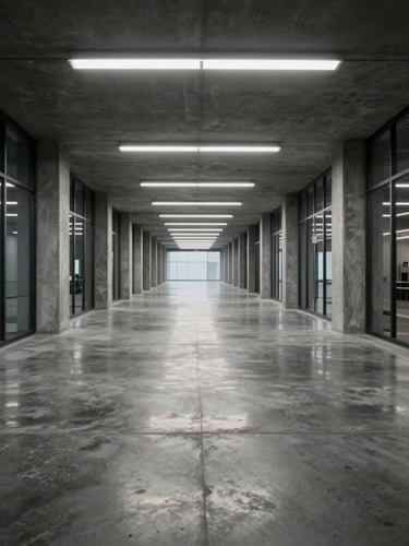 Pristine, empty modern commercial corridor with highly polished concrete floors reflecting cool overhead fluorescent lighting, wide-angle architectural shot.