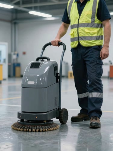 Professional facility technician in a high-visibility branded uniform operating an industrial floor scrubber on a pristine polished concrete floor reflecting cool overhead commercial lighting