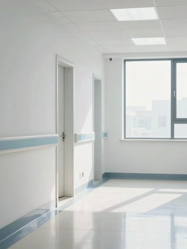 Crisp architectural view of a clinical healthcare corridor, sterile white surfaces, clean daylight coming from a side window, reflecting off pristine polished floors.