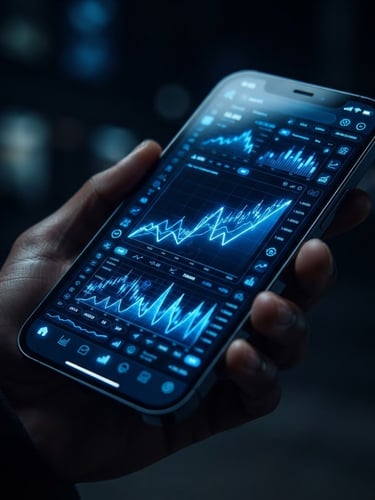 A close-up of a premium smartphone mockup displaying a dark-themed financial app user interface with electric blue data charts and glowing screen reflections, macro shot, shallow depth of field