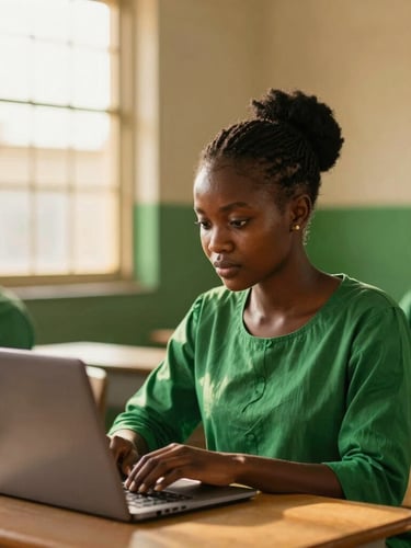 A dignified medium shot of a young Nigerian woman coding on a laptop in a bright Lagos classroom, warm golden-hour sunlight streaming through the window, shallow depth of field, rich green tones.