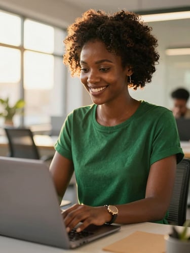 Dignified close-up of a young Nigerian woman smiling warmly while working on a laptop in a bright, modern Lagos workspace, golden hour sunlight streaming in.