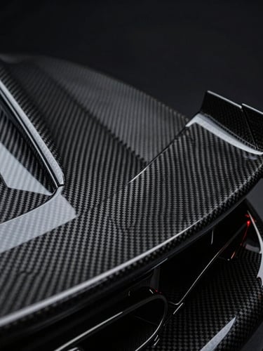 Macro close-up of a carbon fiber weave on a supercar spoiler, dramatic low-key studio lighting with high-contrast reflections, technical luxury aesthetic