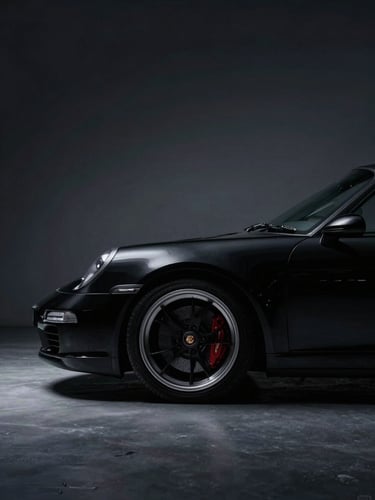 Dramatic low-key automotive photography, moody studio lighting on a polished black Porsche 911 silhouette, deep shadows, high contrast, 50mm